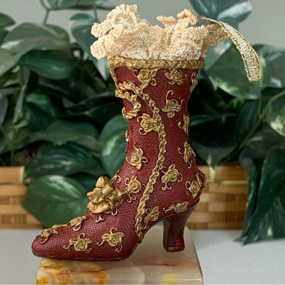 Vintage Victorian Boot Shoe Hanging Christmas Ornament Gold Red Rose Cream Lace